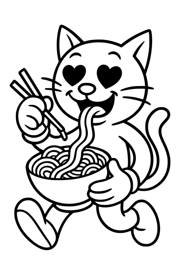 Free Cat Coloring Page - Cute Heart-Eyes Kitty Eating Noodles (Printable PDF)