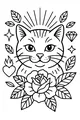 Free Cat Coloring Page - Whiskered Face With Roses and Stars (Printable PDF)