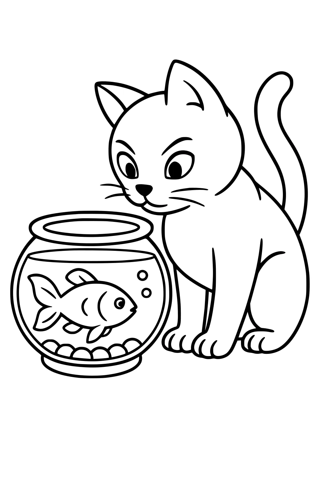 Cat watching a goldfish swimming inside a round fishbowl with stones on the bottom.