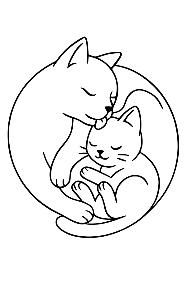 Free Cat and Kitten Coloring Page - Sleepy Mother Cat Hug (Printable PDF)