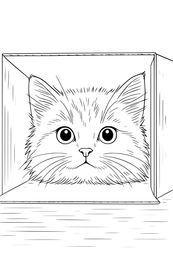 Free Cat Coloring Page - Fluffy House Cat Peeking From Box (Printable PDF)