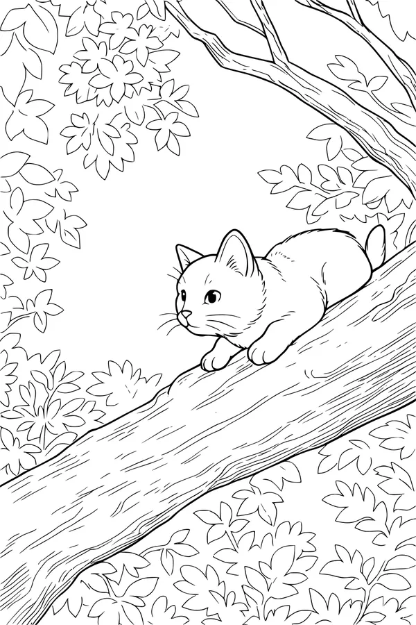Free Cat Coloring Page - Curious Kitty Resting in a Tree (Printable PDF)