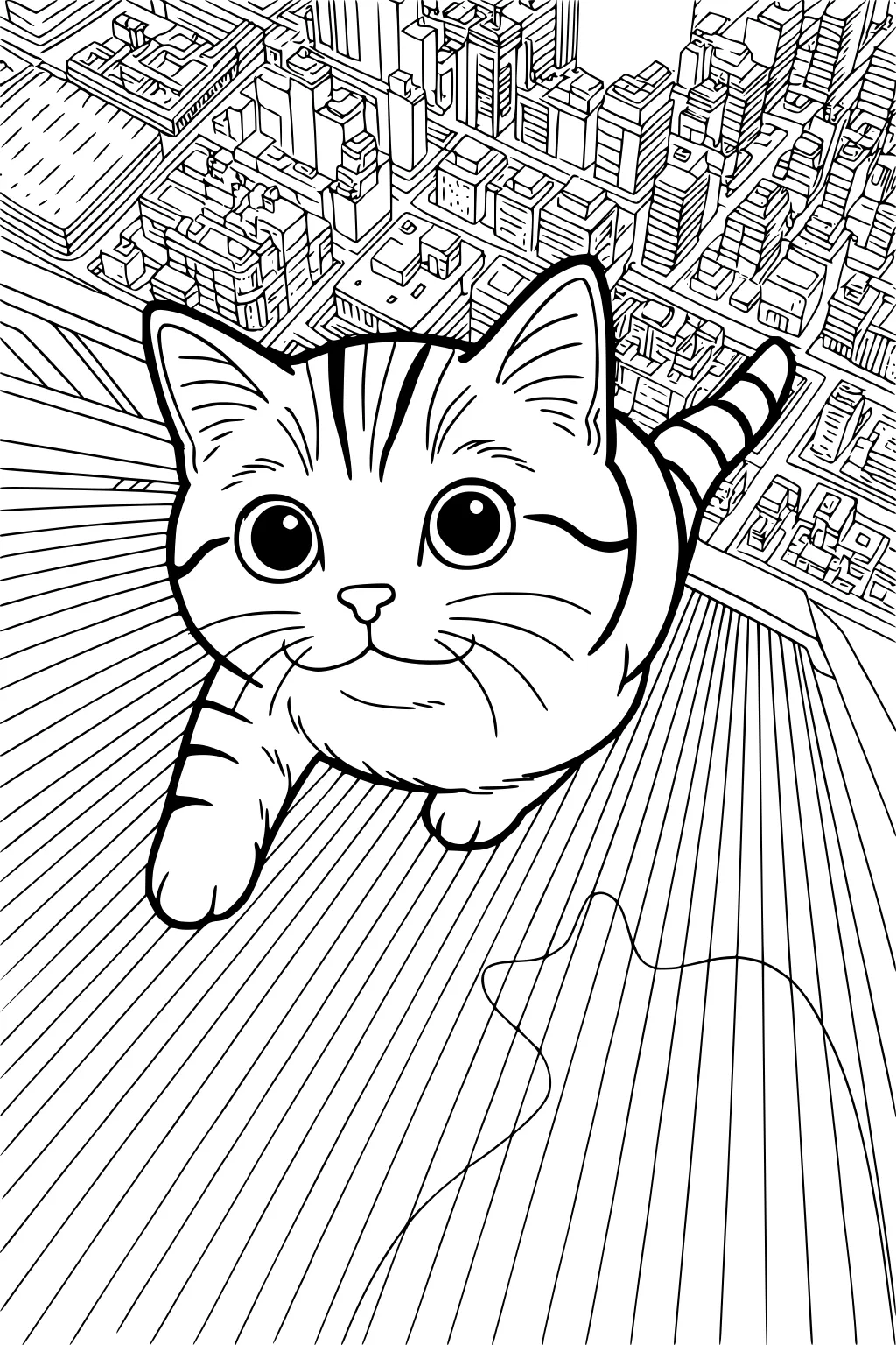 Striped cat with big round eyes walking on a rooftop, tall city buildings and streets shown below from above.