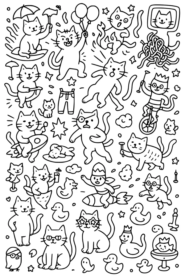 Free Cat Coloring Page - Playful Kittens in a Silly Parade (Printable PDF)