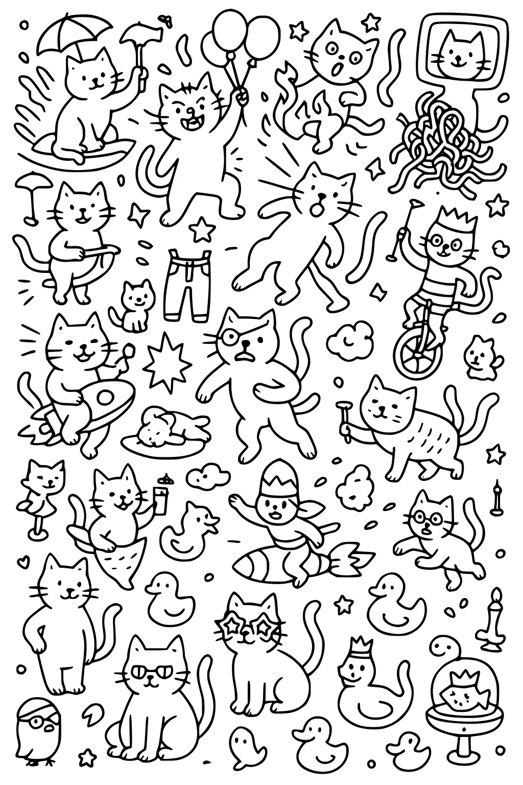 Multiple cartoon cats riding, juggling, painting, balancing, and playing with ducks, balloons, and other funny items.