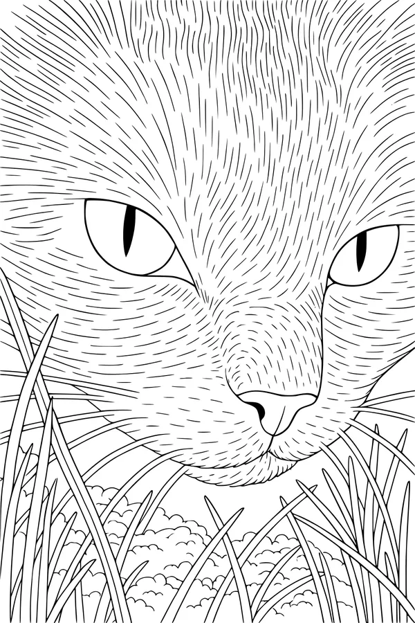 Free Cat Coloring Page - Whiskered Face in Tall Grass (Printable PDF)