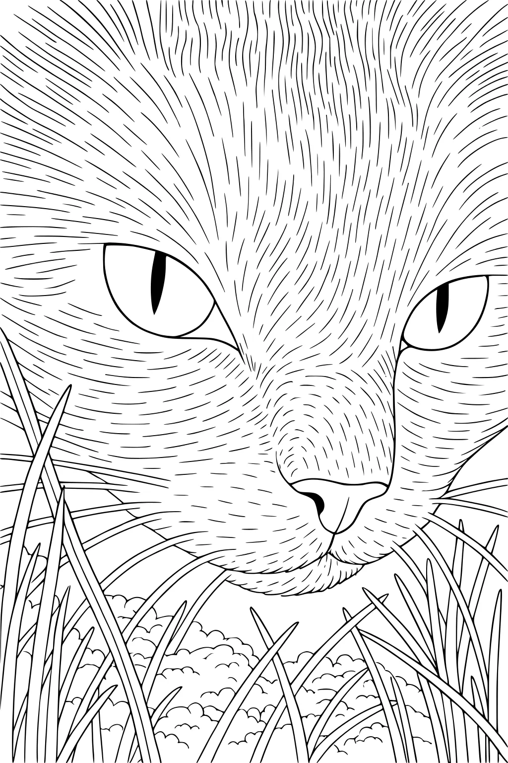 Cat's face up close with detailed fur, looking through tall grass and clouds in the background.