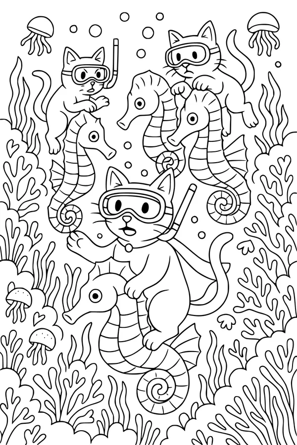 Free Cat Coloring Page - Snorkeling Cats Riding Seahorses Underwater (Printable PDF)