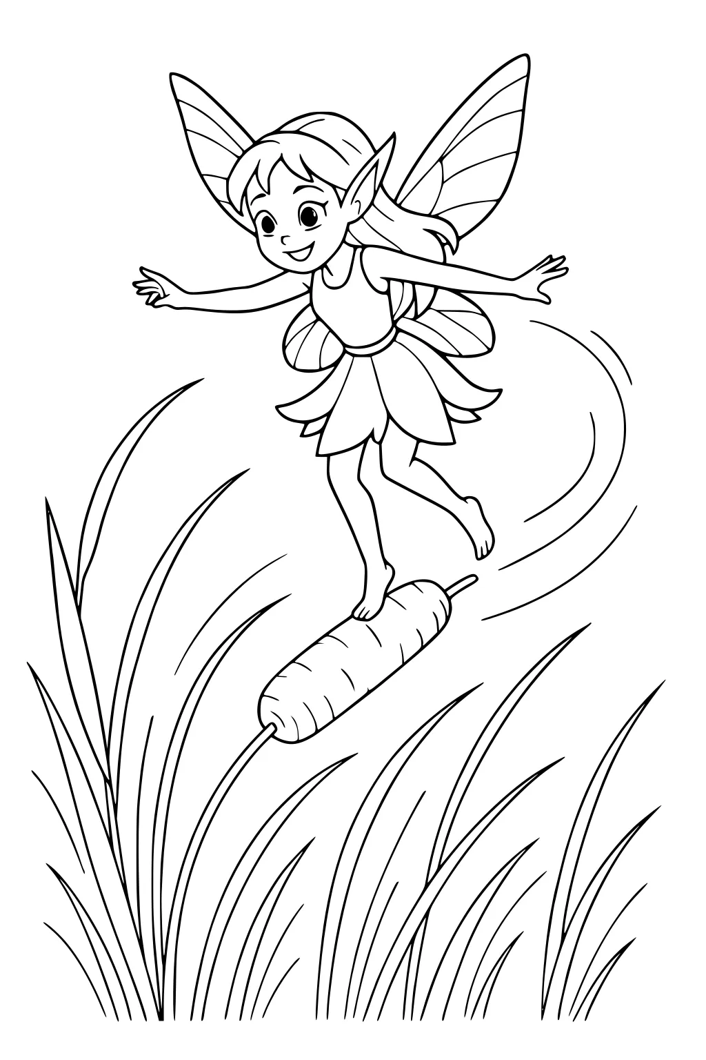 Fairy girl rides a cattail through tall pond reeds, arms out, striped wings behind, petal dress swishing.
