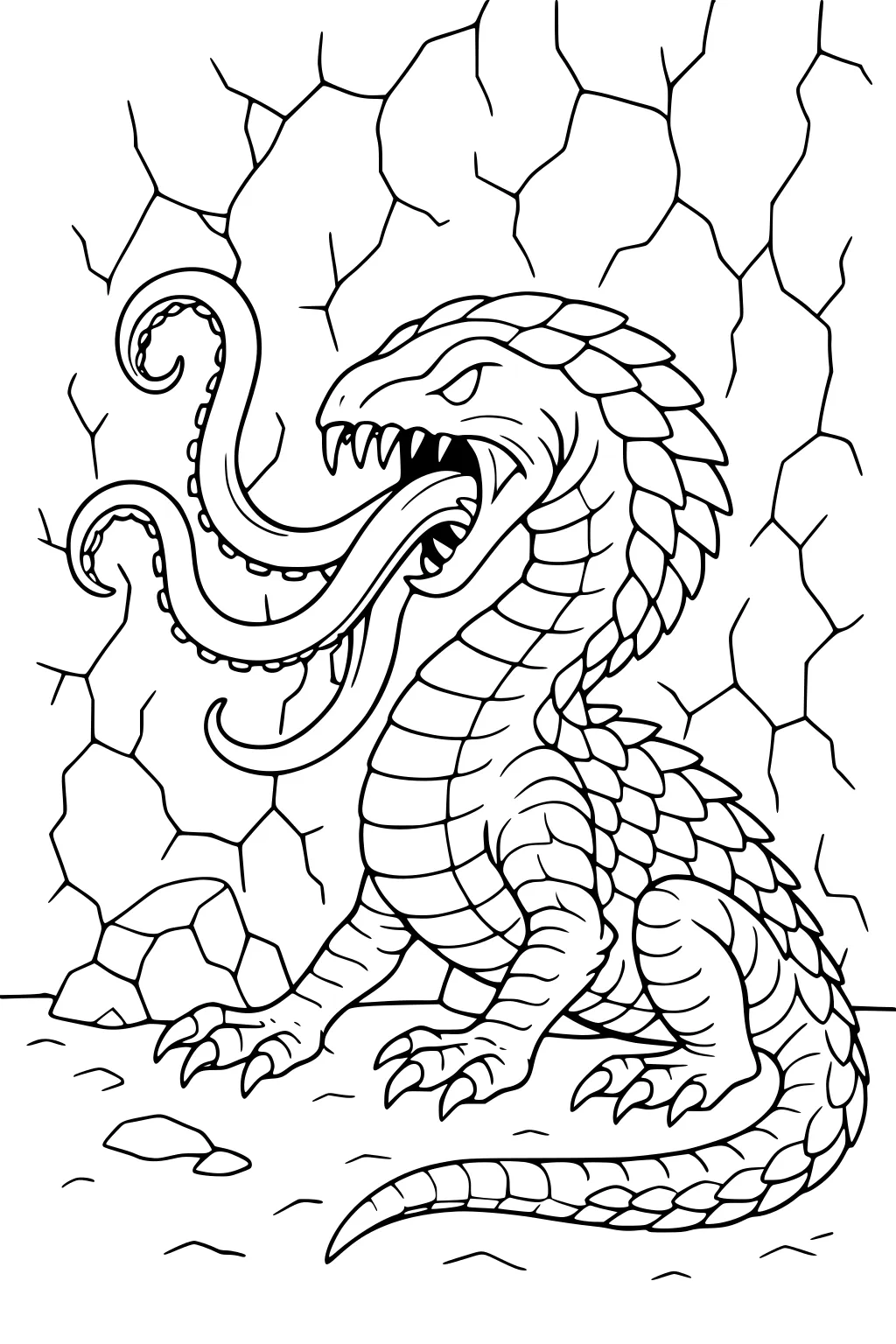Scaly cave serpent with open mouth, three tentacle tongues, curled tail, sharp claws, and a cracked rock wall with stones on the ground.