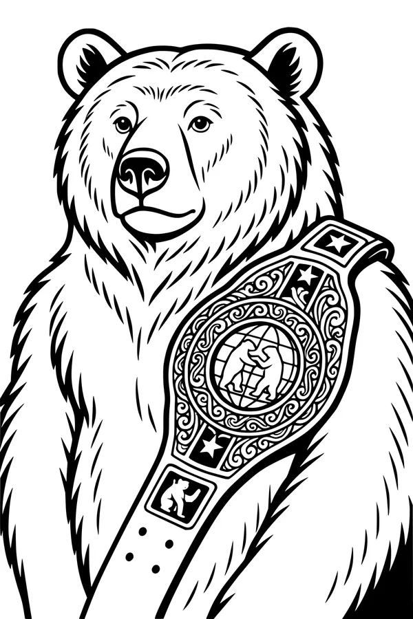 Free Bear Coloring Page - Champion Bear With Shiny Belt (Printable PDF)