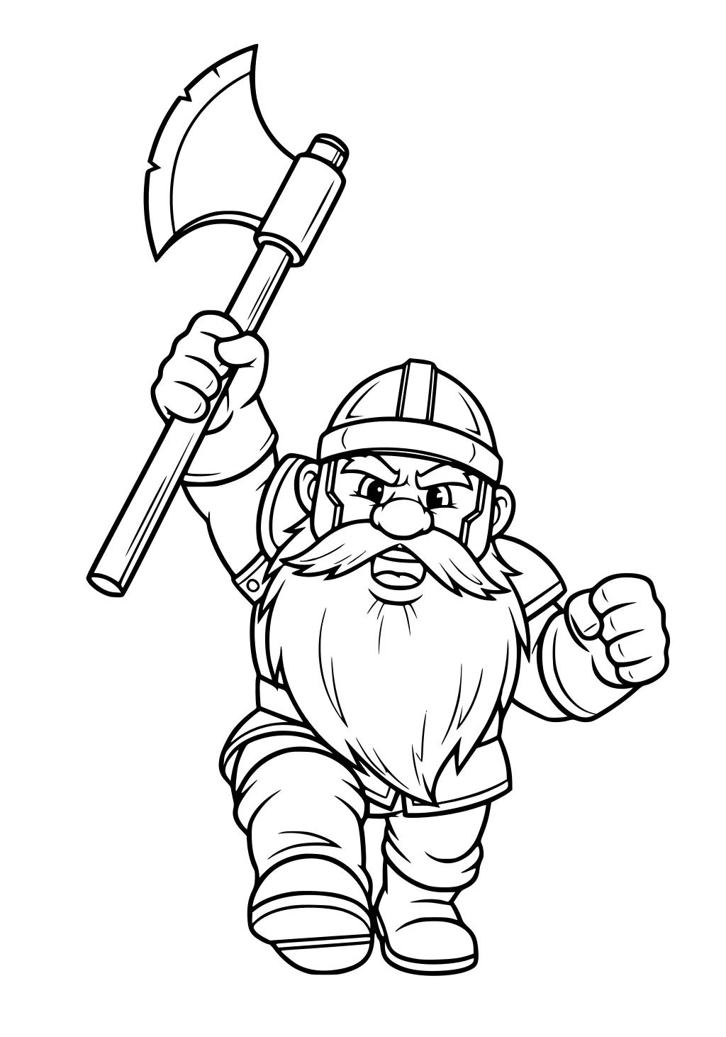 Cartoon dwarf warrior running forward with raised axe, helmet, bushy beard, gloves, and big boots in bold outlines.