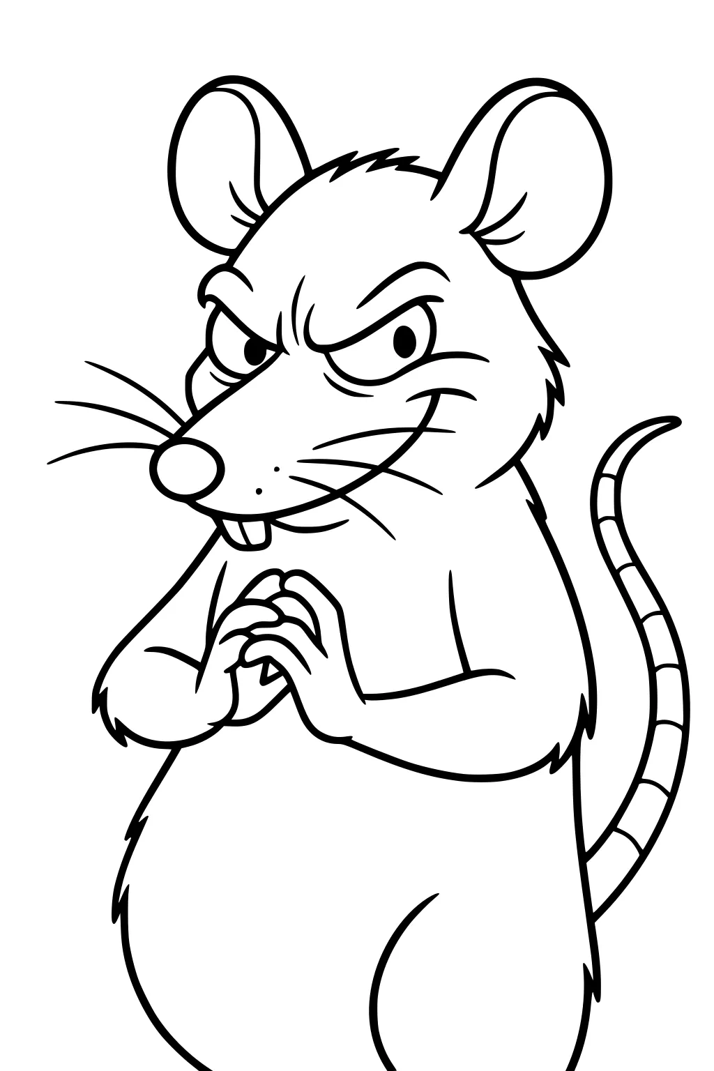 Cartoon rat with a sly smile, clasped hands, big ears, long striped tail, and pointy whiskers, looking mischievous.