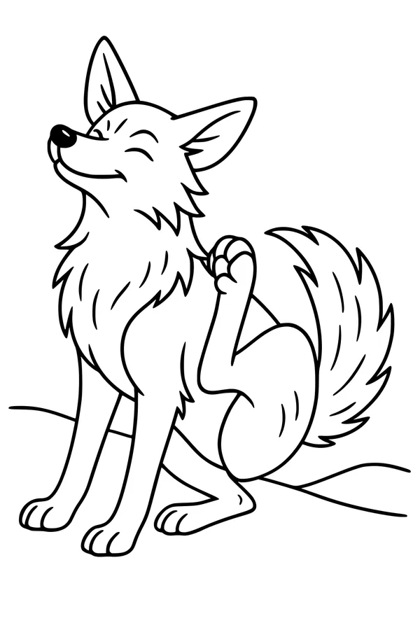 Free Coyote Coloring Page - Cheery Cartoon Coyote Scratching (Printable PDF)