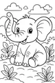 Free Elephant Coloring Page - Smiling Baby in Sunny Field (Printable PDF)