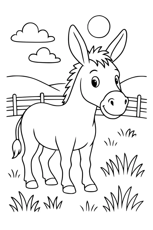 Free Donkey Coloring Page - Smiling Donkey in Sunny Pasture (Printable PDF)
