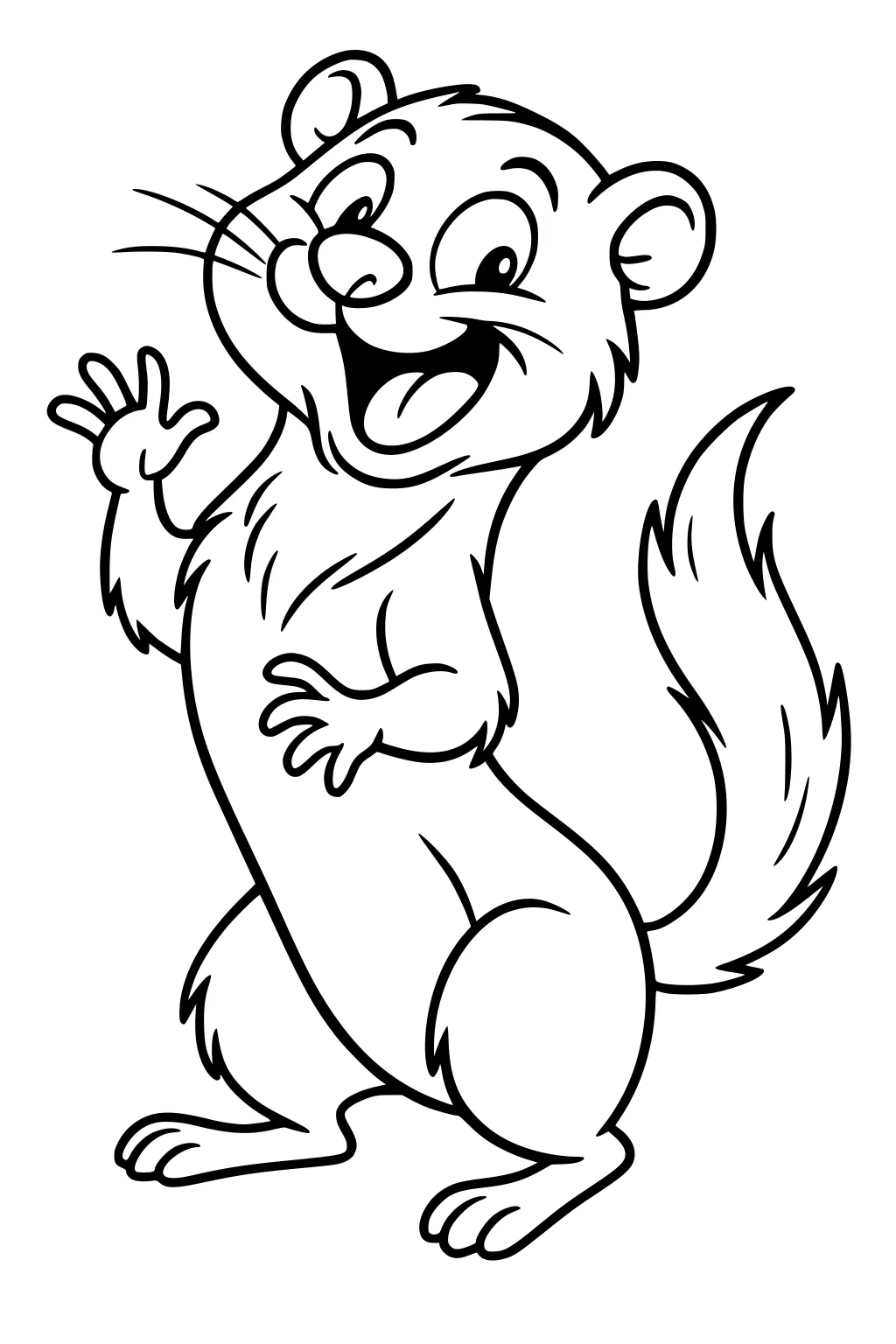 Cartoon ferret standing upright, smiling, and waving with one paw and a bushy tail behind him.
