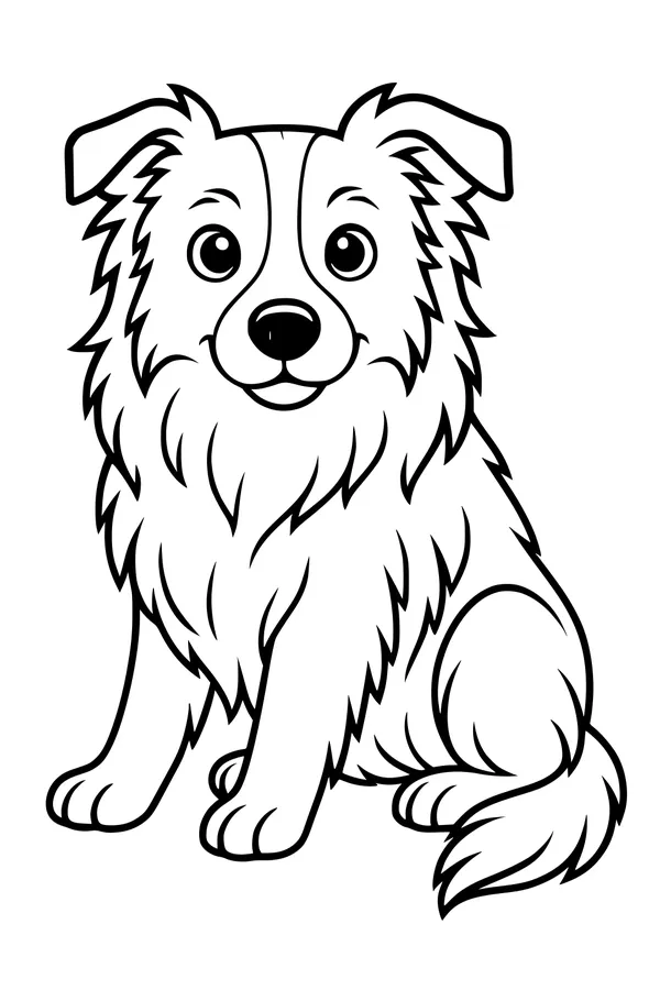 Free Dog Coloring Page - Fluffy Cartoon Pup Sitting and Smiling (Printable PDF)