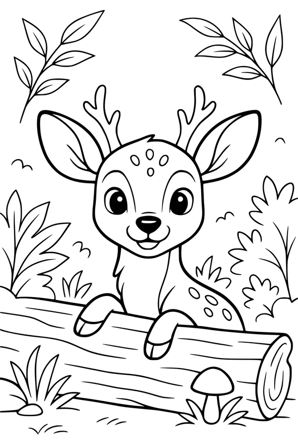 Free Fawn Coloring Page - Playful Deer Peeking Over a Forest Log (Printable PDF)