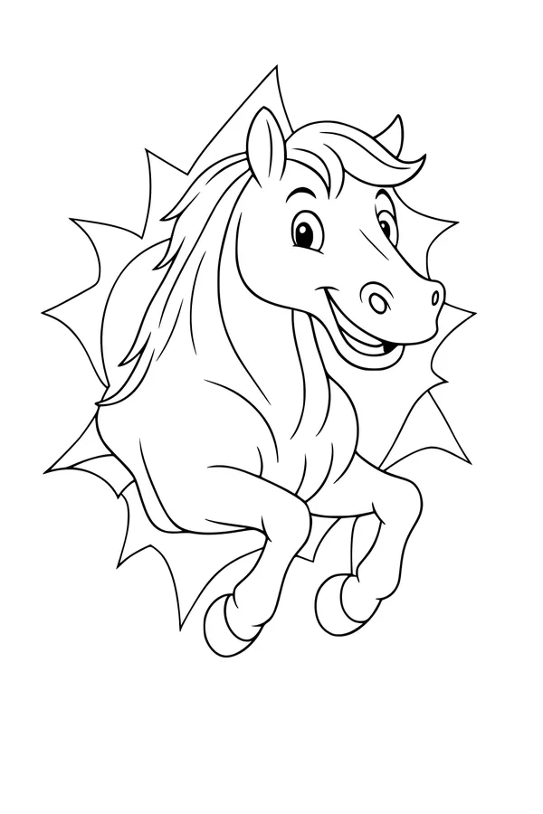 Free Horse Coloring Page - Smiling Cartoon Horse Leaping Through Barn Wall (Printable PDF)