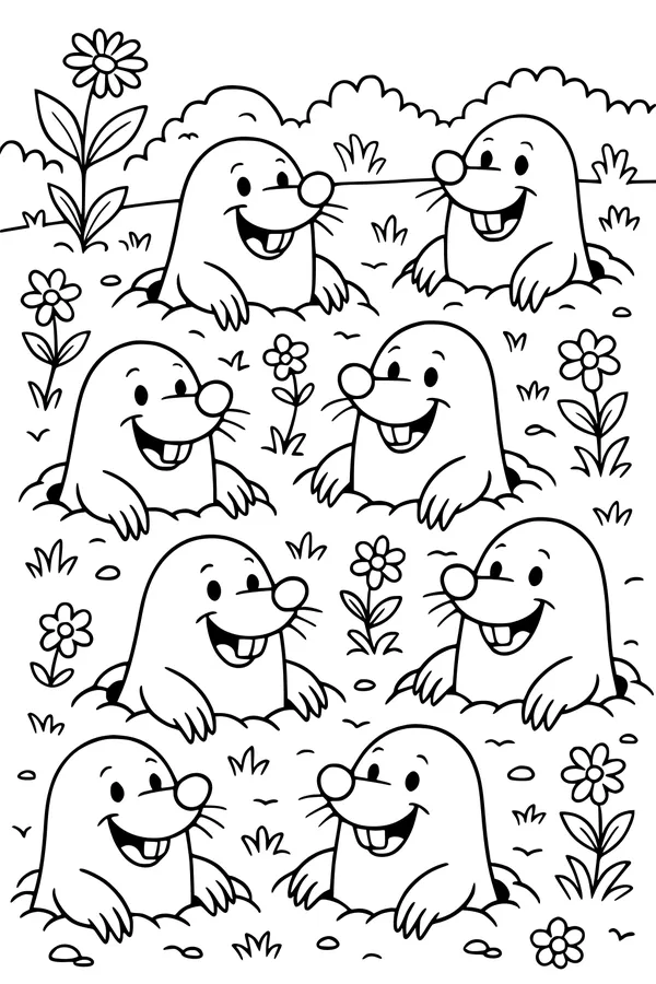 Free Mole Coloring Page - Seven Smiling Moles in a Meadow (Printable PDF)