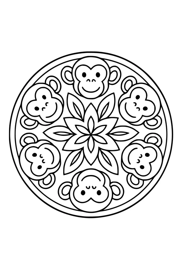 Free Monkey Coloring Page - Six Smiling Faces Around a Flower (Printable PDF)