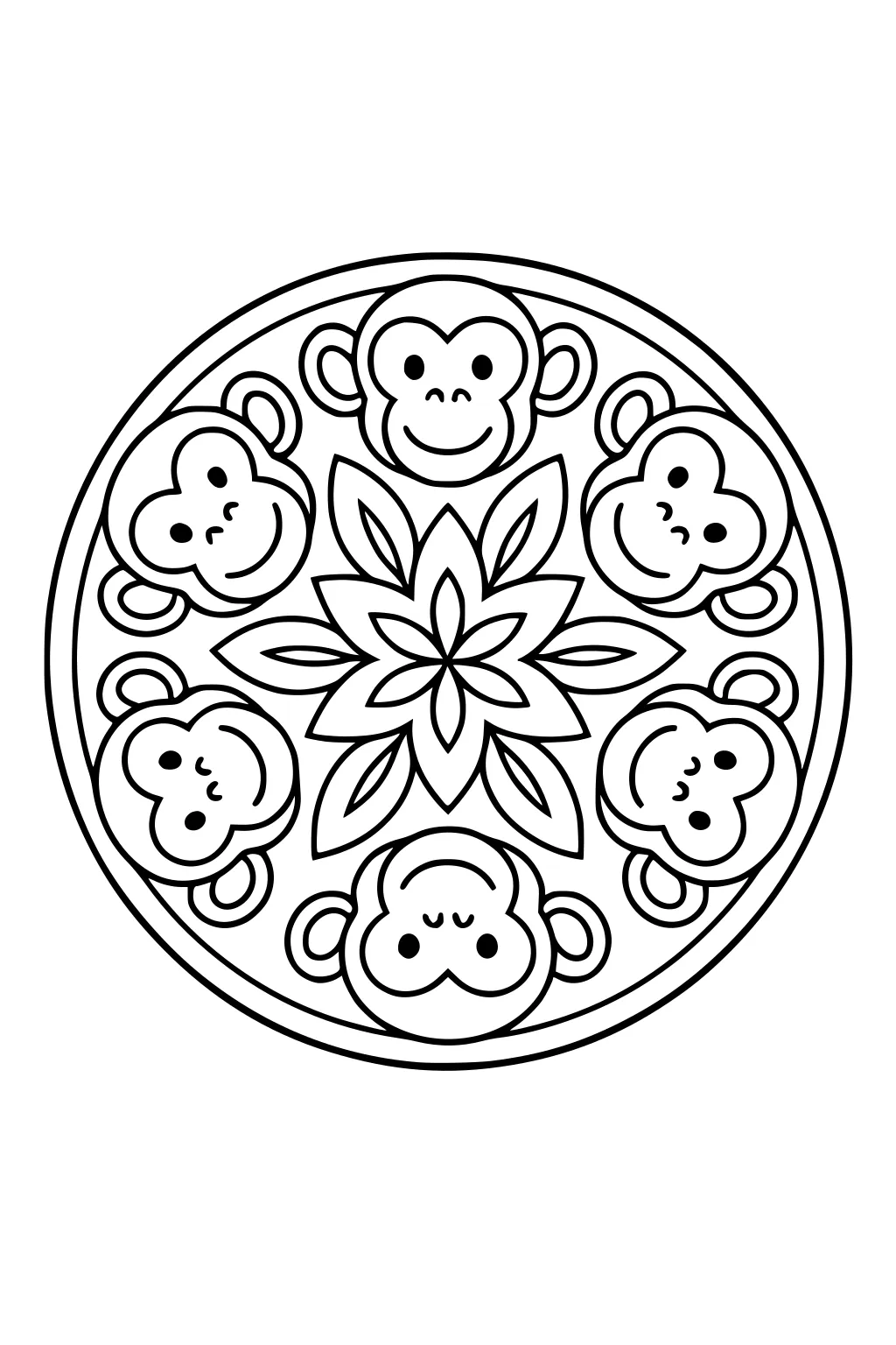 Six cartoon monkey faces in a circle with a large flower in the middle and leafy petals inside a round border.
