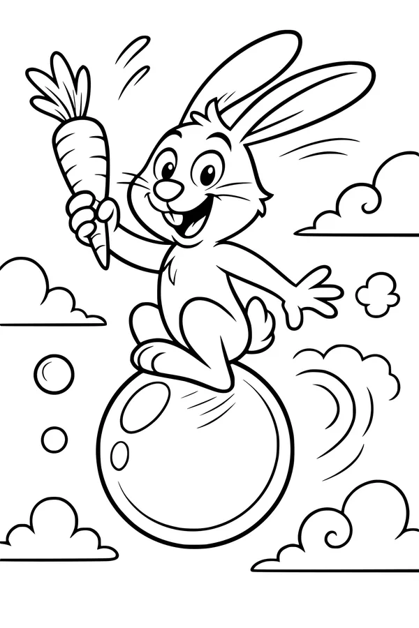 Free Rabbit Coloring Page - Cartoon Bunny Riding a Bubble in the Sky (Printable PDF)