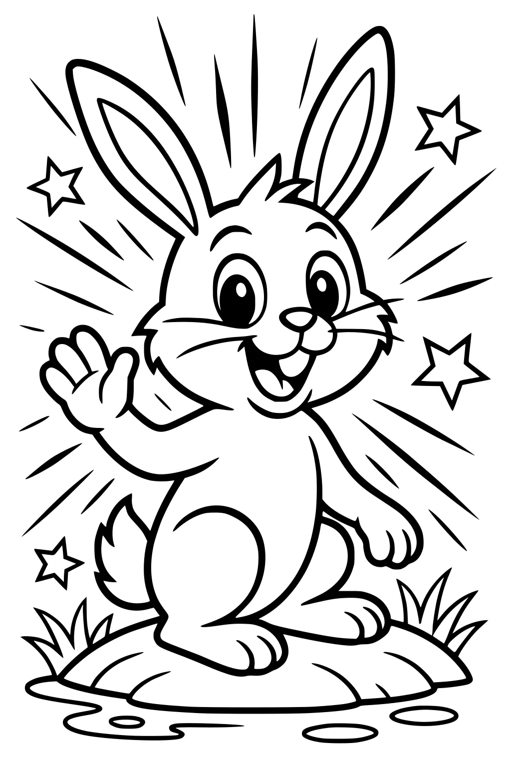 Cartoon rabbit waving on a grassy patch by water, with stars and lines in the background.