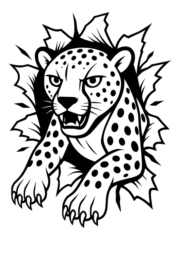 Free Cheetah Coloring Page - Spotted Big Cat Bursting Through Paper (Printable PDF)
