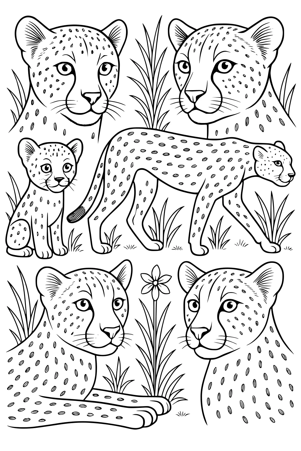 Five cheetahs including a cub, with spotted fur and alert faces, sitting and walking in tall grass with one flower.