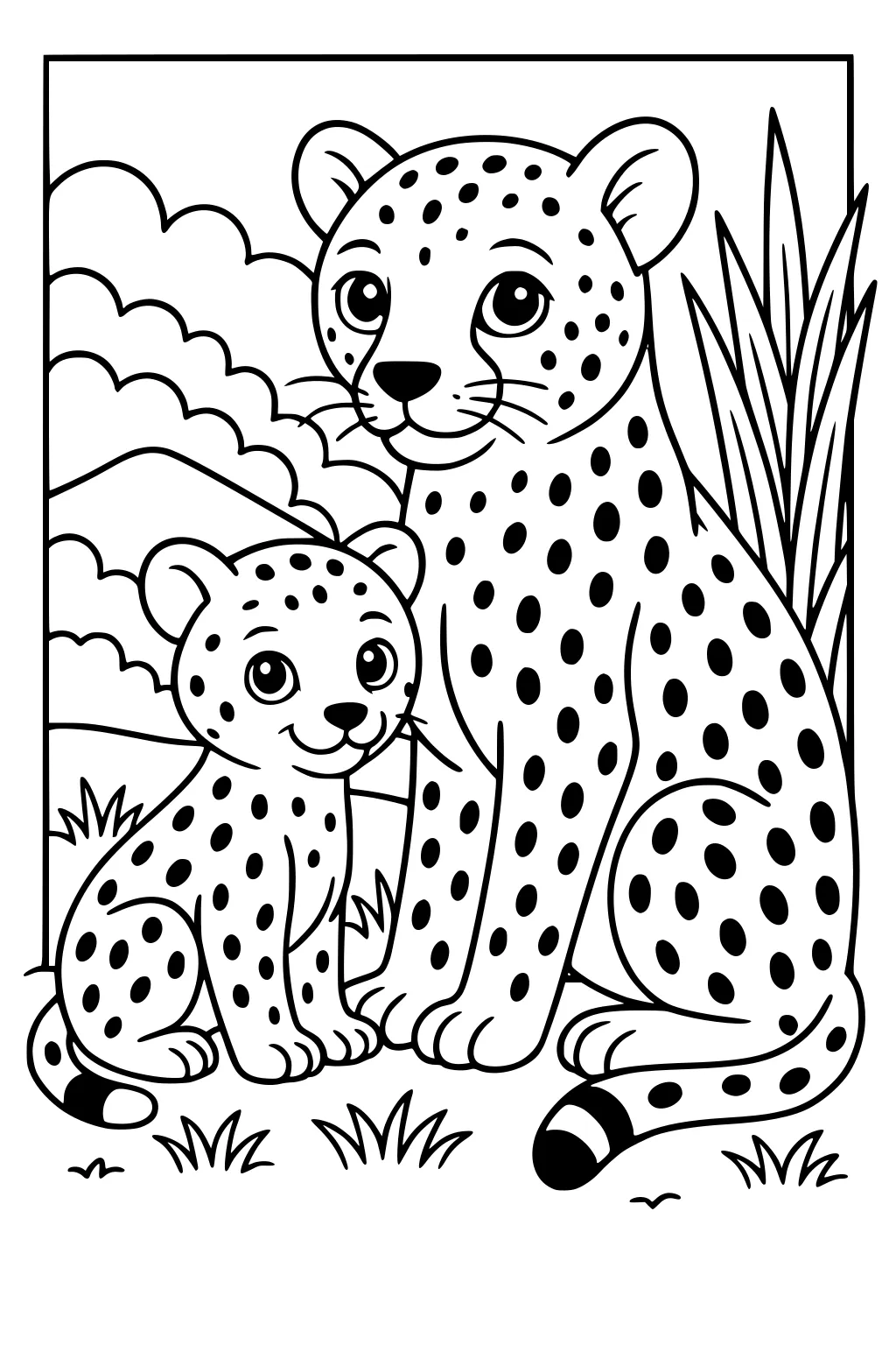 Mother cheetah and cub sitting on grassy ground, surrounded by hills, clouds, and tall grass.