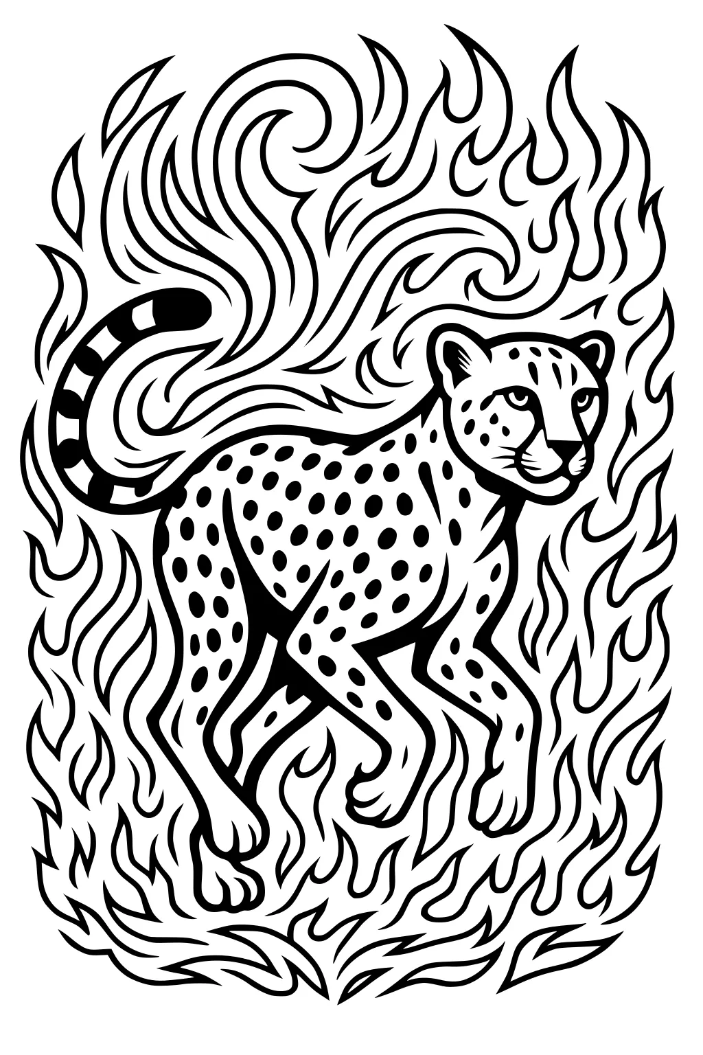 Cheetah with a spotted body and striped tail, surrounded by swirling flame-like lines.