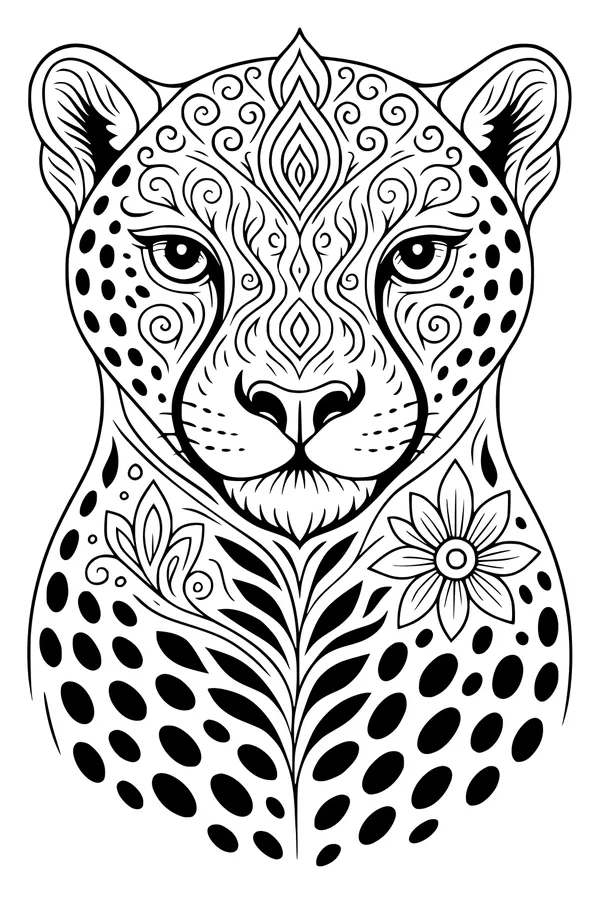 Free Cheetah Coloring Page - Swirly Spots and Flowers Design (Printable PDF)