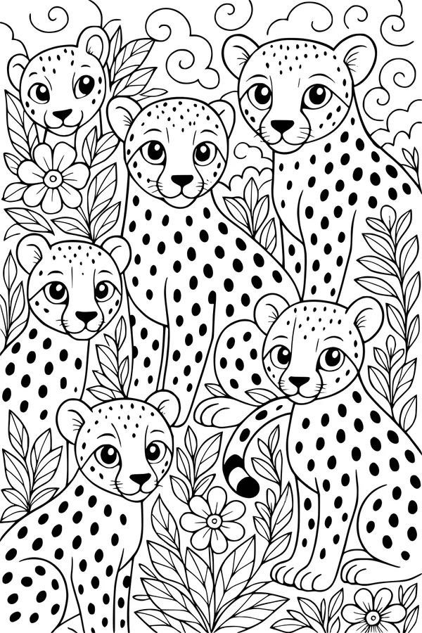 Free Cheetah Coloring Page - Five Baby Cheetahs in a Leafy Jungle (Printable PDF)