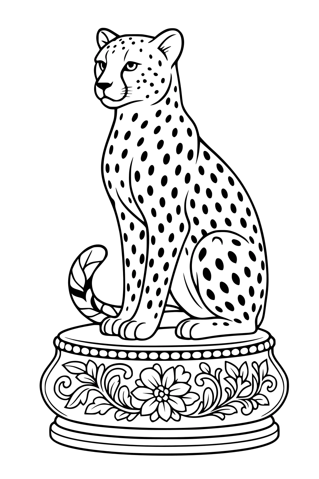 Cheetah sitting tall on a decorated pedestal with flower and leaf designs, surrounded by bold spots and strong lines.