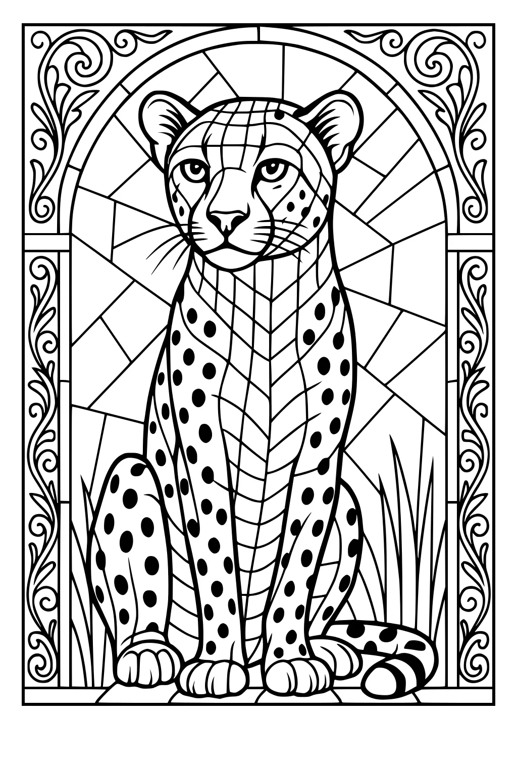 Cheetah sitting in grass with a decorated border and sun rays filling the background.