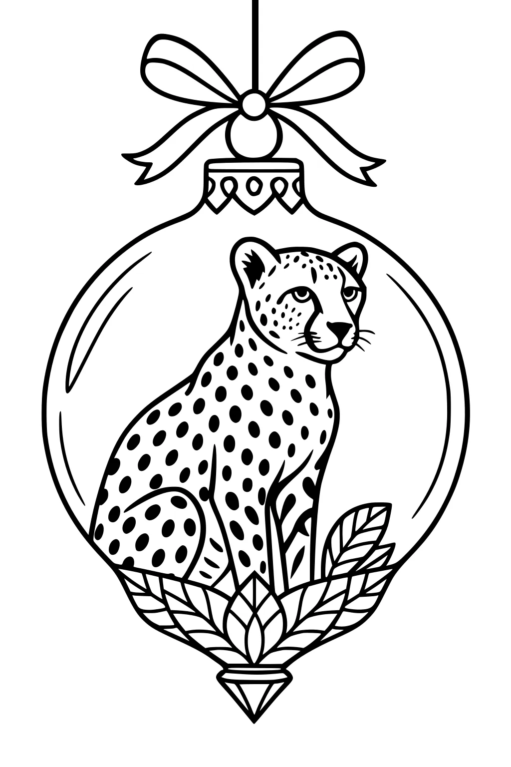 Cheetah with spots sitting inside a round ornament with a big bow, surrounded by leaves inside the glass ball.