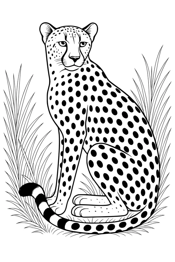 Free Cheetah Coloring Page - Spotty Cheetah Resting in Tall Grass (Printable PDF)