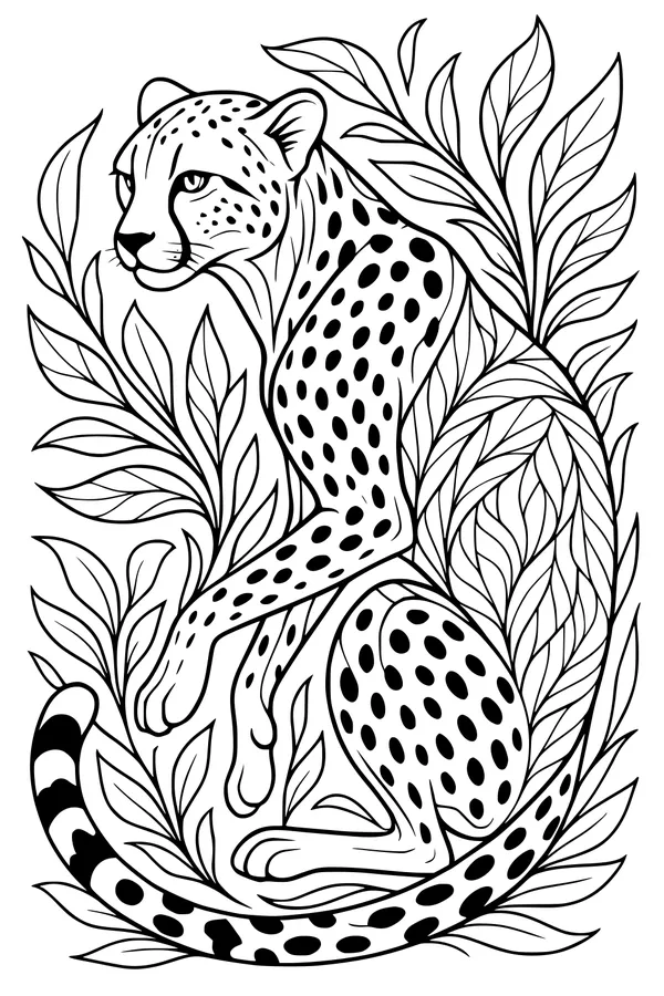 Free Cheetah Coloring Page - Resting Among Jungle Leaves (Printable PDF)
