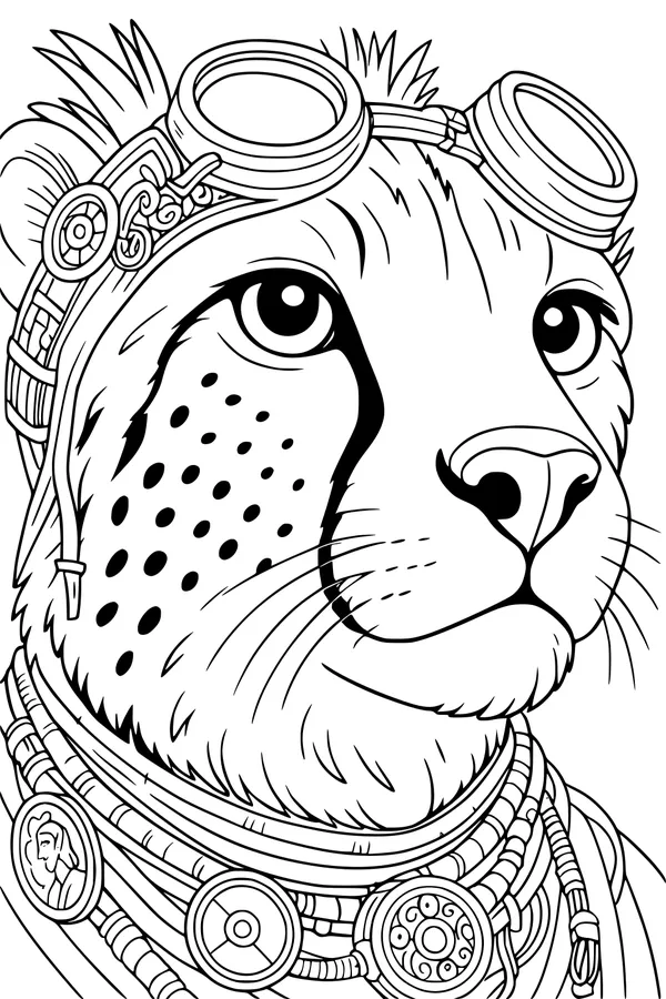 Free Cheetah Coloring Page - Steampunk Goggles and Gears (Printable PDF)