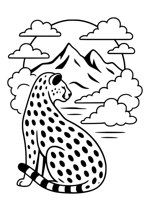 Free Cheetah Coloring Page - Spotted Cat in Mountain Clouds (Printable PDF)