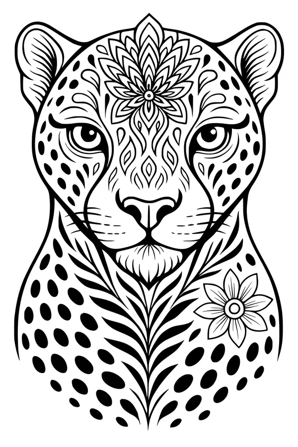 Free Cheetah Coloring Page - Stylized Floral Cheetah Head (Printable PDF)