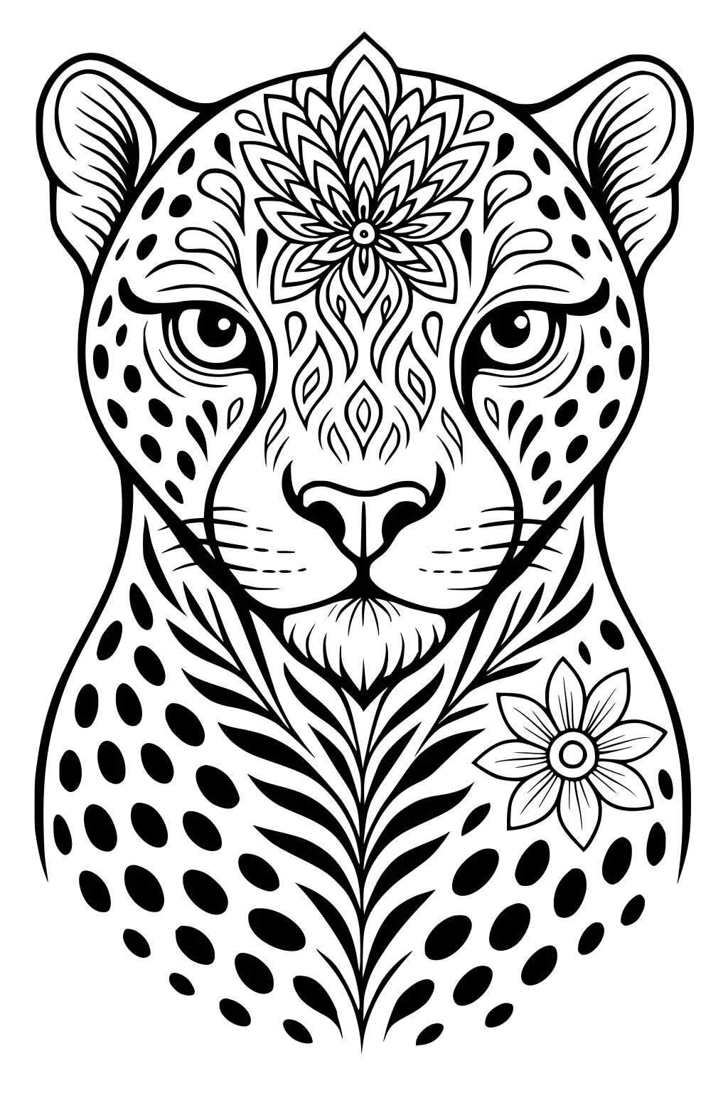 Stylized cheetah face with patterned lines, bold spots, and flowers on its face and neck.