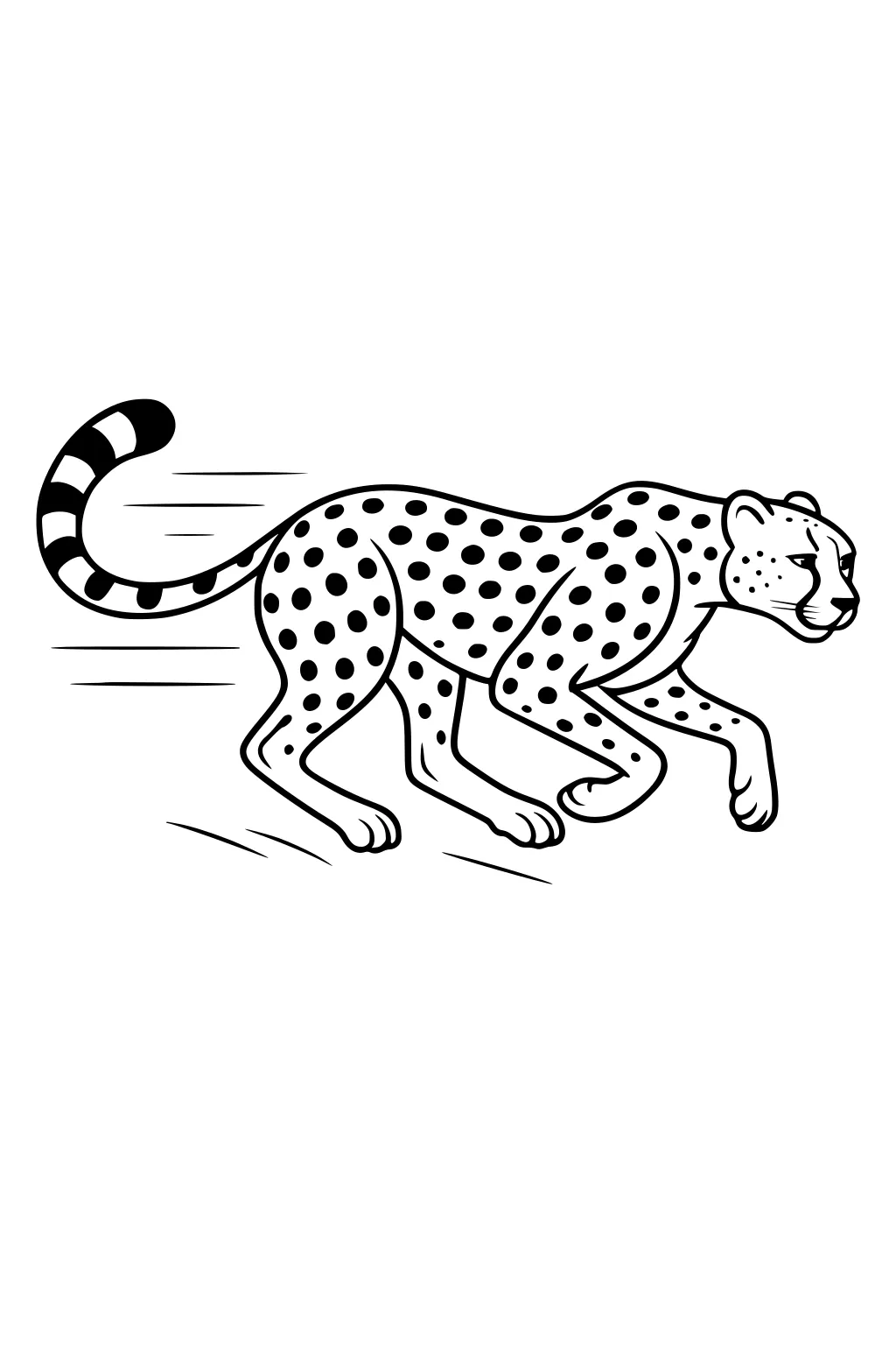 Cheetah with spots and striped tail running fast with speed lines and stretched body, shown in side view.