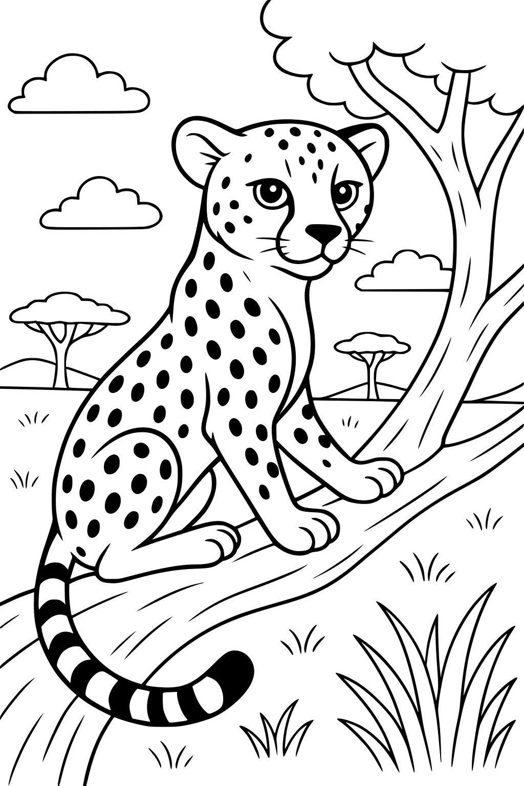 A cheetah cub with dark spots sits on a tree branch in a grassy savanna with trees and fluffy clouds.