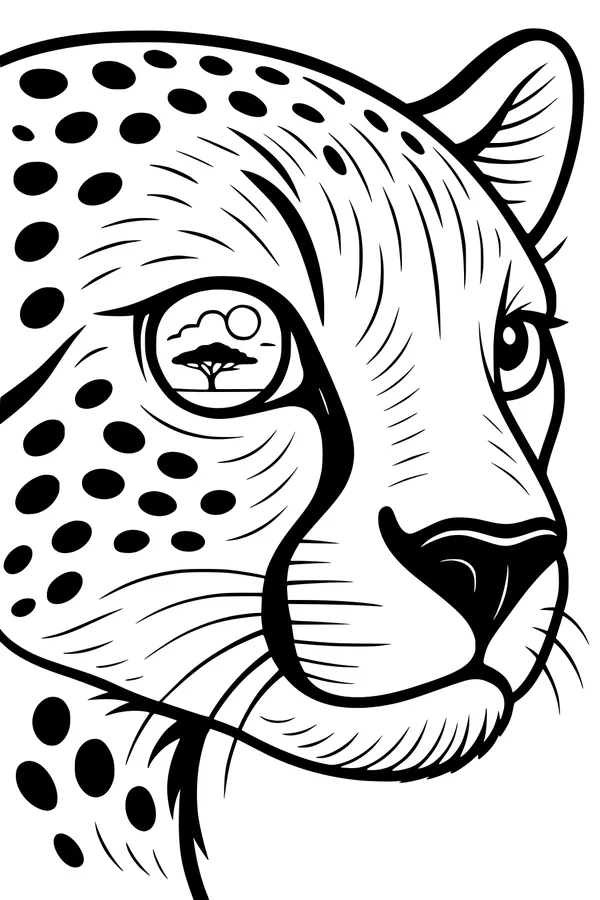 Free Cheetah Coloring Page - Young Cheetah Face in Sunny Savannah (Printable PDF)