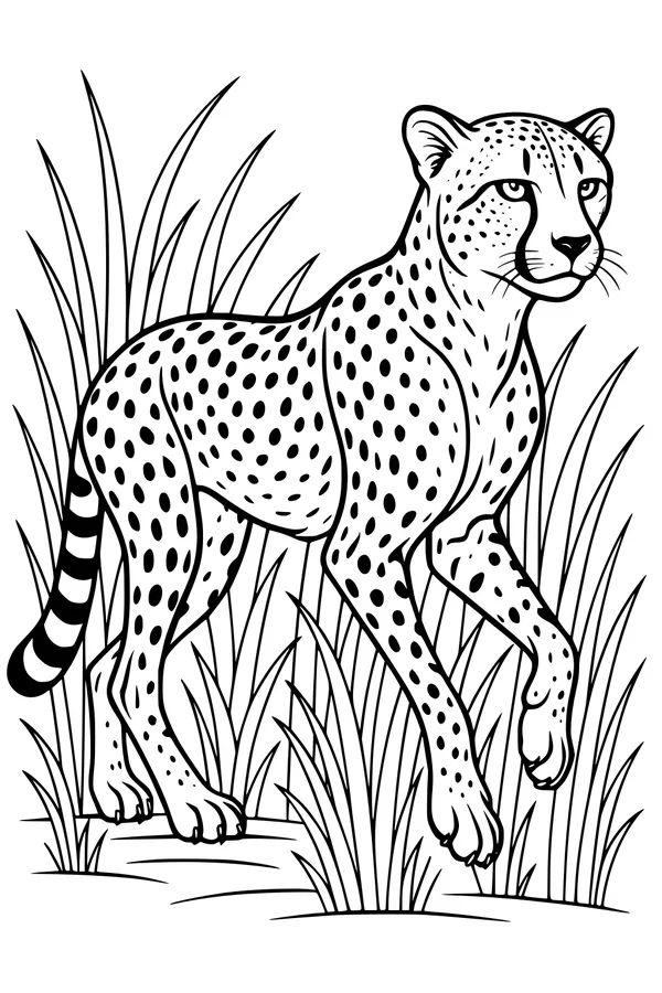 Free Cheetah Coloring Page - Spotted Big Cat in Tall Grass (Printable PDF)