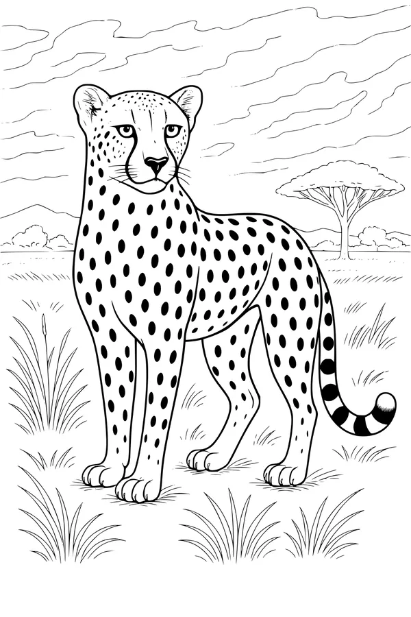 Free Cheetah Coloring Page - Spotty Cheetah in Tall Savannah Grass (Printable PDF)