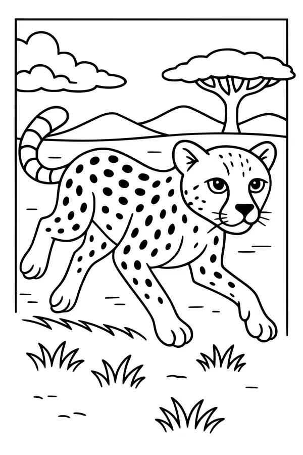 Free Cheetah Coloring Page - Sprinting Across the African Savanna (Printable PDF)